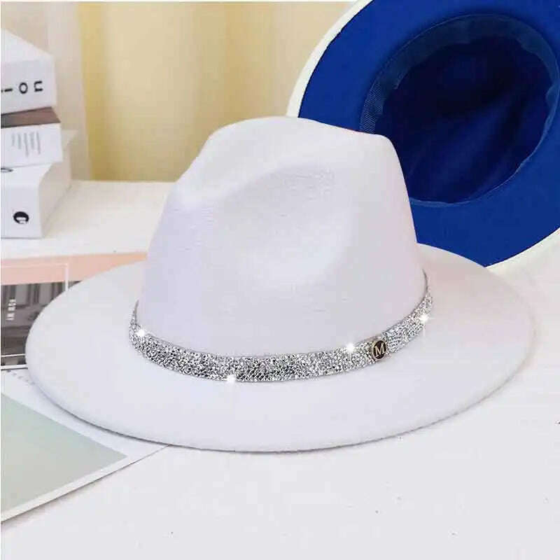 KIMLUD, Sky Blue Diamond Band Wool Fedora Hats For Women Jazz Cap Belt Unisex Colorful Fedoras Hat Fashion Church Hat Bucket Hats шапка, 04 / China / 56-58cm, KIMLUD Womens Clothes