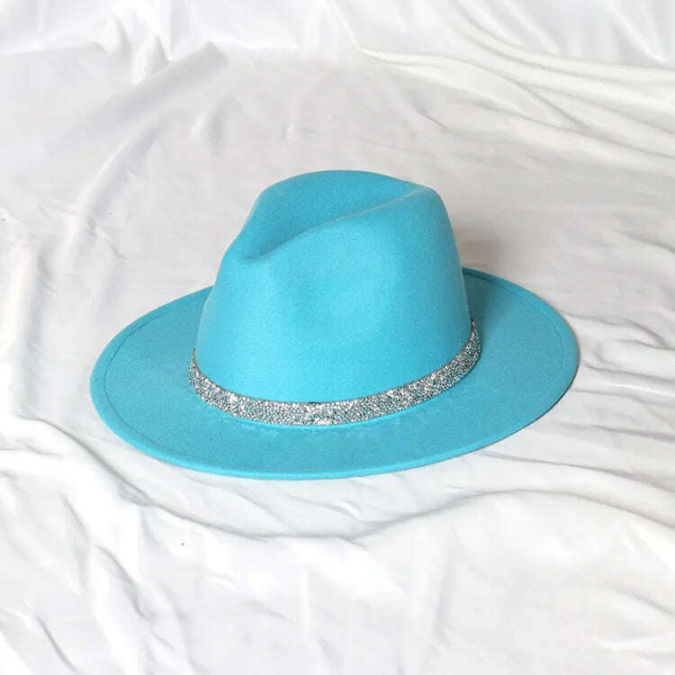 KIMLUD, Sky Blue Diamond Band Wool Fedora Hats For Women Jazz Cap Belt Unisex Colorful Fedoras Hat Fashion Church Hat Bucket Hats шапка, 29 / China / 56-58cm, KIMLUD Womens Clothes