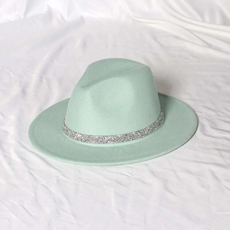 KIMLUD, Sky Blue Diamond Band Wool Fedora Hats For Women Jazz Cap Belt Unisex Colorful Fedoras Hat Fashion Church Hat Bucket Hats шапка, 27 / China / 56-58cm, KIMLUD Womens Clothes