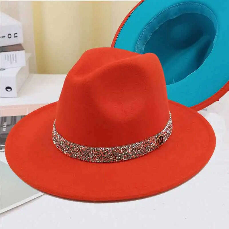 KIMLUD, Sky Blue Diamond Band Wool Fedora Hats For Women Jazz Cap Belt Unisex Colorful Fedoras Hat Fashion Church Hat Bucket Hats шапка, 08 / China / 56-58cm, KIMLUD Womens Clothes
