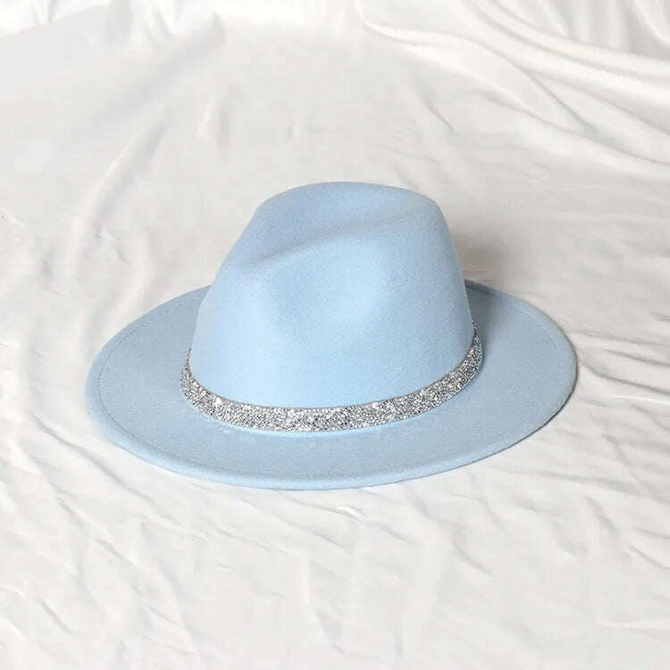 Sky Blue Diamond Band Wool Fedora Hats For Women Jazz Cap Belt Unisex Colorful Fedoras Hat Fashion Church Hat Bucket Hats шапка, 37 / China / 56-58cm, KIMLUD Women's Clothes