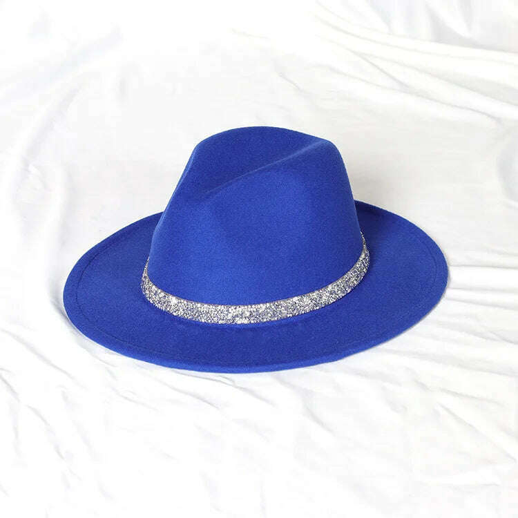 Sky Blue Diamond Band Wool Fedora Hats For Women Jazz Cap Belt Unisex Colorful Fedoras Hat Fashion Church Hat Bucket Hats шапка, 32 / China / 56-58cm, KIMLUD Women's Clothes