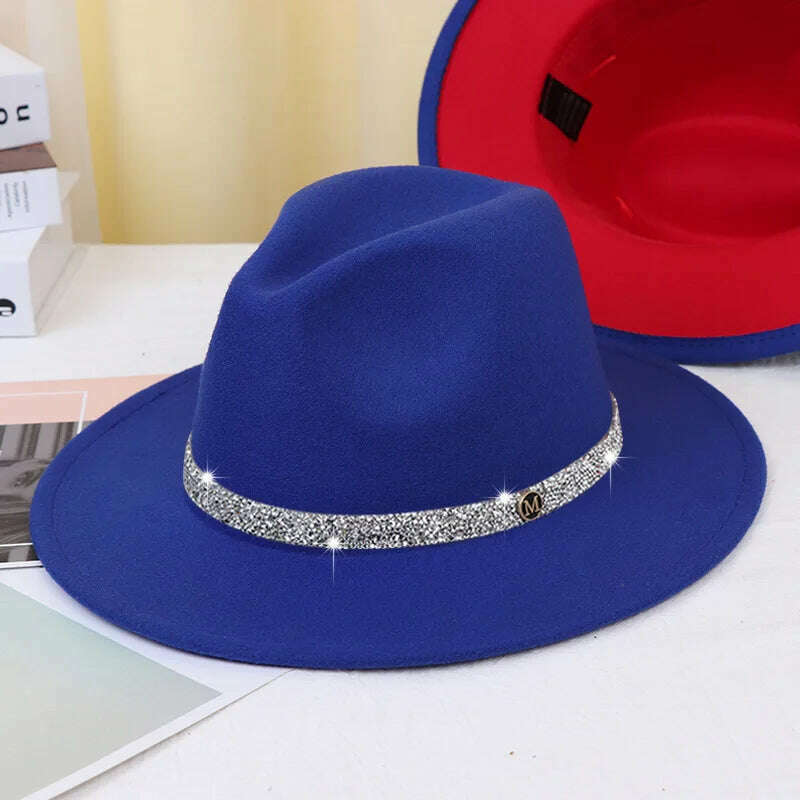 Sky Blue Diamond Band Wool Fedora Hats For Women Jazz Cap Belt Unisex Colorful Fedoras Hat Fashion Church Hat Bucket Hats шапка, 13 / China / 56-58cm, KIMLUD Women's Clothes