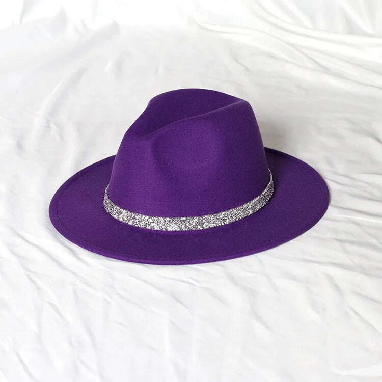 KIMLUD, Sky Blue Diamond Band Wool Fedora Hats For Women Jazz Cap Belt Unisex Colorful Fedoras Hat Fashion Church Hat Bucket Hats шапка, 40 / China / 56-58cm, KIMLUD Womens Clothes