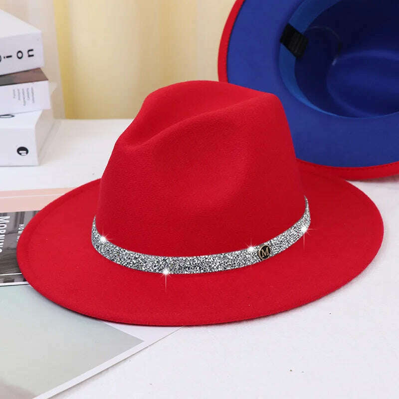 KIMLUD, Sky Blue Diamond Band Wool Fedora Hats For Women Jazz Cap Belt Unisex Colorful Fedoras Hat Fashion Church Hat Bucket Hats шапка, 12 / China / 56-58cm, KIMLUD Womens Clothes