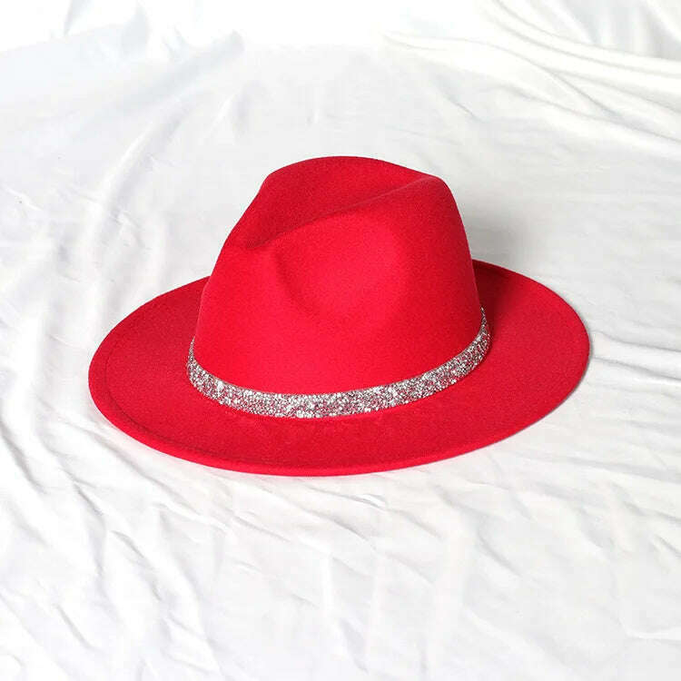 KIMLUD, Sky Blue Diamond Band Wool Fedora Hats For Women Jazz Cap Belt Unisex Colorful Fedoras Hat Fashion Church Hat Bucket Hats шапка, 34 / China / 56-58cm, KIMLUD Womens Clothes