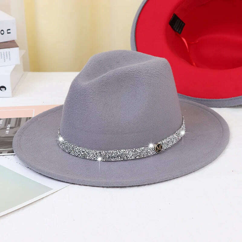 KIMLUD, Sky Blue Diamond Band Wool Fedora Hats For Women Jazz Cap Belt Unisex Colorful Fedoras Hat Fashion Church Hat Bucket Hats шапка, 16 / China / 56-58cm, KIMLUD Womens Clothes