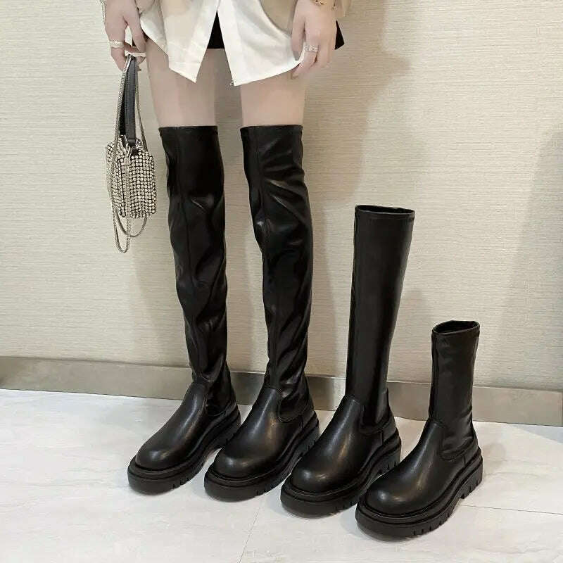 KIMLUD, Slim Flat Thigh High Boots Platform Women Slim Thick Sole Over The Knee Boots Women Shoes Black Winter Long Boots Women, KIMLUD Womens Clothes