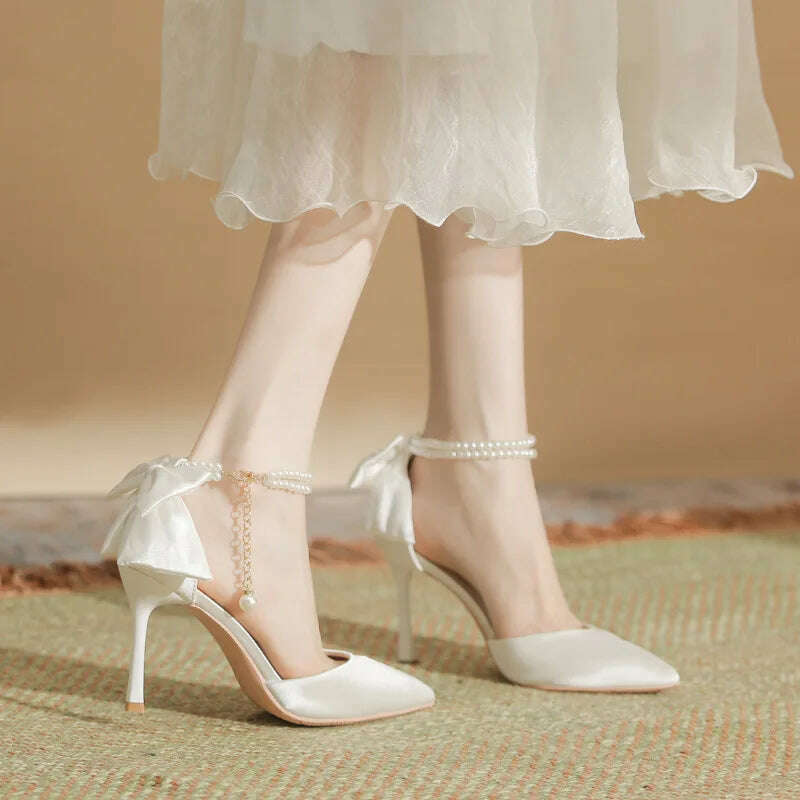 KIMLUD, Slimming Shoes Casual Heels Shallow Mouth Sandals Ladies Pointed Pumps Hollow 2024 All-Match Comfortable Beige African Bow Toe S, KIMLUD Womens Clothes
