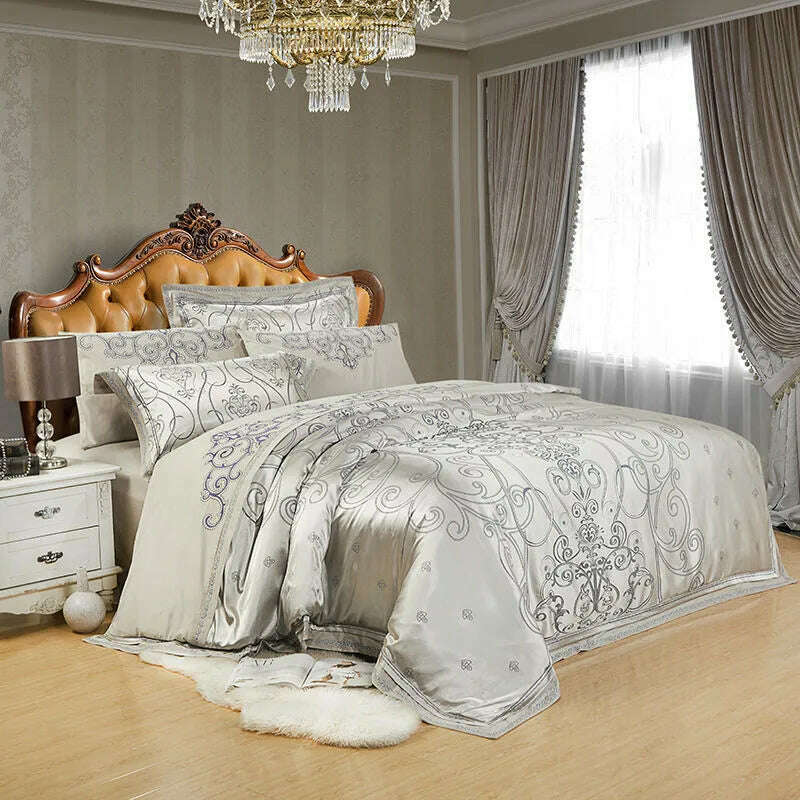 Sliver Gold Luxury Silk Satin Jacquard duvet cover bedding set queen king size Embroidery bed set bed sheet/Fitted sheet set - KIMLUD
