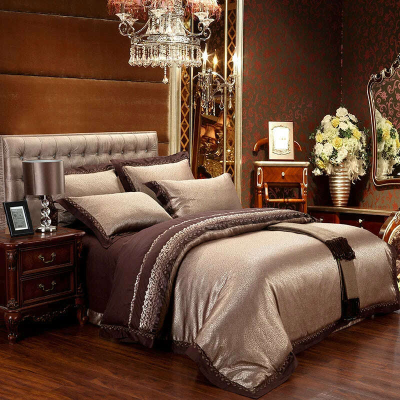 Sliver Gold Luxury Silk Satin Jacquard duvet cover bedding set queen king size Embroidery bed set bed sheet/Fitted sheet set - KIMLUD