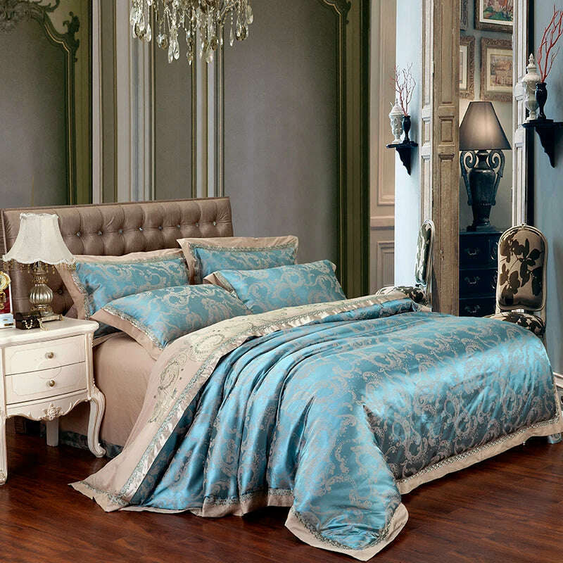 Sliver Gold Luxury Silk Satin Jacquard duvet cover bedding set queen king size Embroidery bed set bed sheet/Fitted sheet set - KIMLUD