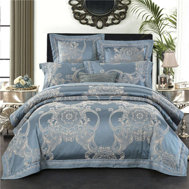 Sliver Gold Luxury Silk Satin Jacquard duvet cover bedding set queen king size Embroidery bed set bed sheet/Fitted sheet set - KIMLUD