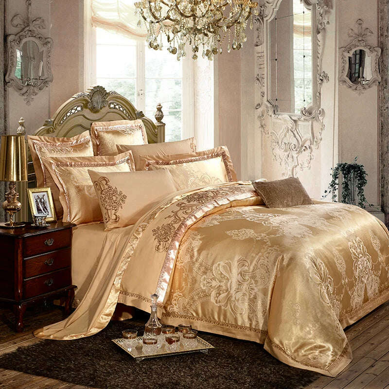 Sliver Gold Luxury Silk Satin Jacquard duvet cover bedding set queen king size Embroidery bed set bed sheet/Fitted sheet set - KIMLUD