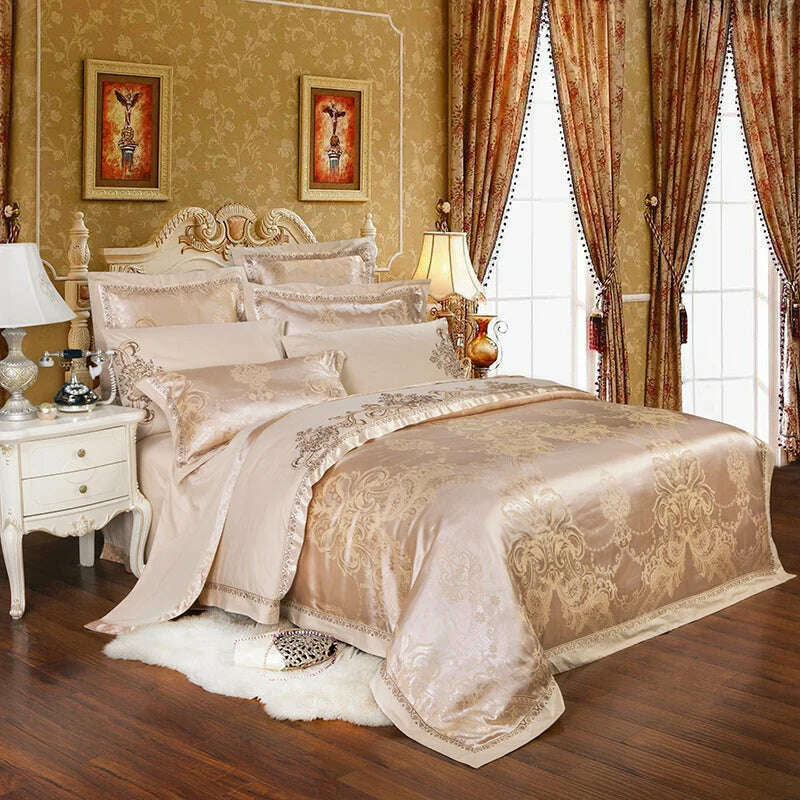 Sliver Gold Luxury Silk Satin Jacquard duvet cover bedding set queen king size Embroidery bed set bed sheet/Fitted sheet set - KIMLUD