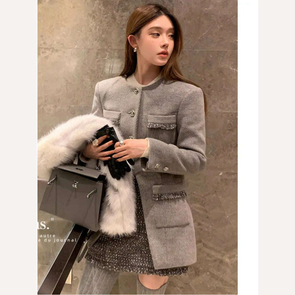 KIMLUD, Small Fragrant Wind Winter Sets Round Collar Clip Split Frayed Irregular Outerwear + High Waist Skirt Fashionable Two-piece Suit, KIMLUD Womens Clothes