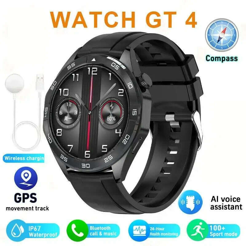 KIMLUD, Smart Watch GT4 Heart Rate Sleep Health Monitor Bluetooth Call NFC Smartwatch Men Women GPS Track Tracking For Android IOS 2024, Black Silicone, KIMLUD APPAREL - Womens Clothes
