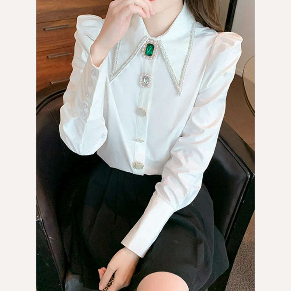KIMLUD, SMTHMA New Autumn Luxury Beaded Diamond Blouse Shirt For Women's Long Sleeve Versatile White Elegant  Top, KIMLUD Womens Clothes