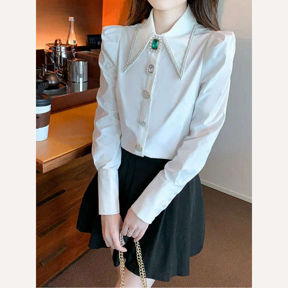 KIMLUD, SMTHMA New Autumn Luxury Beaded Diamond Blouse Shirt For Women's Long Sleeve Versatile White Elegant  Top, KIMLUD Womens Clothes