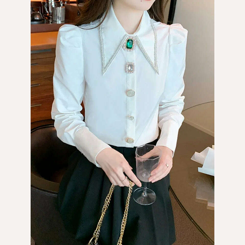 KIMLUD, SMTHMA New Autumn Luxury Beaded Diamond Blouse Shirt For Women's Long Sleeve Versatile White Elegant  Top, KIMLUD Womens Clothes