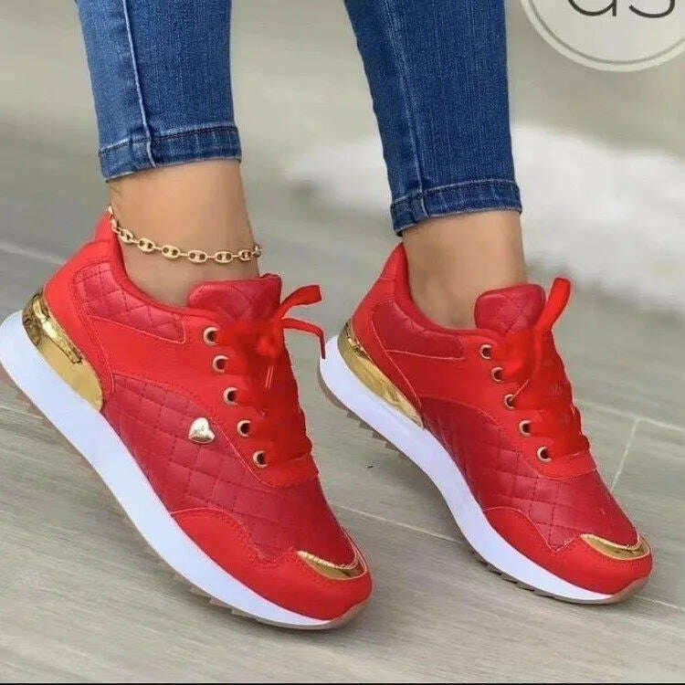 KIMLUD, Sneakers 2023 Trend Fashion Breathable Leather Wedge Vulcanized Shoes Design Casual Walking Comfort Fall Platform Women's Shoes, red 2 / 35, KIMLUD Womens Clothes