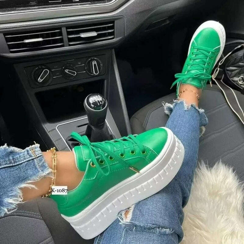 KIMLUD, Sneakers 2023 Trend Fashion Breathable Leather Wedge Vulcanized Shoes Design Casual Walking Comfort Fall Platform Women's Shoes, green / 35, KIMLUD Womens Clothes