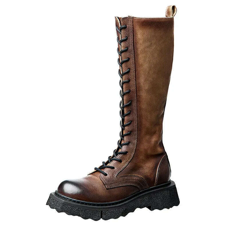 KIMLUD, Soft Cowhide Men's Boots High Boots Knight Boots Platform Men's Shoes Vintage Brown Lace-up Genuine Leather Coloring, KIMLUD Womens Clothes