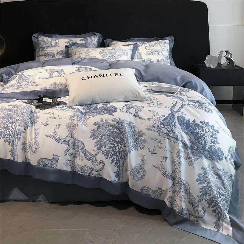 Soft Silky Skin Friendl natural Eucalyptus Fiber Lyocell Bedding Set Forest Plants Leopard Duvet Cover Set Bed Sheet Pillowcases - KIMLUD