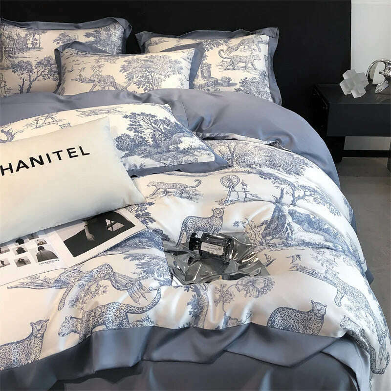 Soft Silky Skin Friendl natural Eucalyptus Fiber Lyocell Bedding Set Forest Plants Leopard Duvet Cover Set Bed Sheet Pillowcases - KIMLUD