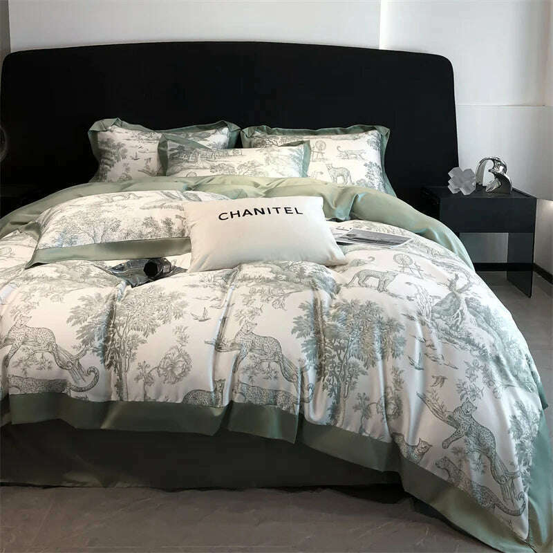 Soft Silky Skin Friendl natural Eucalyptus Fiber Lyocell Bedding Set Forest Plants Leopard Duvet Cover Set Bed Sheet Pillowcases - KIMLUD