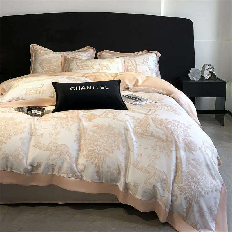 Soft Silky Skin Friendl natural Eucalyptus Fiber Lyocell Bedding Set Forest Plants Leopard Duvet Cover Set Bed Sheet Pillowcases - KIMLUD