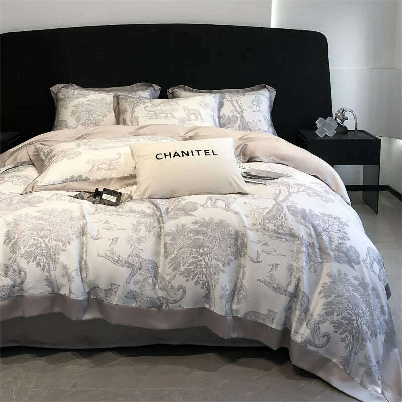 Soft Silky Skin Friendl natural Eucalyptus Fiber Lyocell Bedding Set Forest Plants Leopard Duvet Cover Set Bed Sheet Pillowcases - KIMLUD