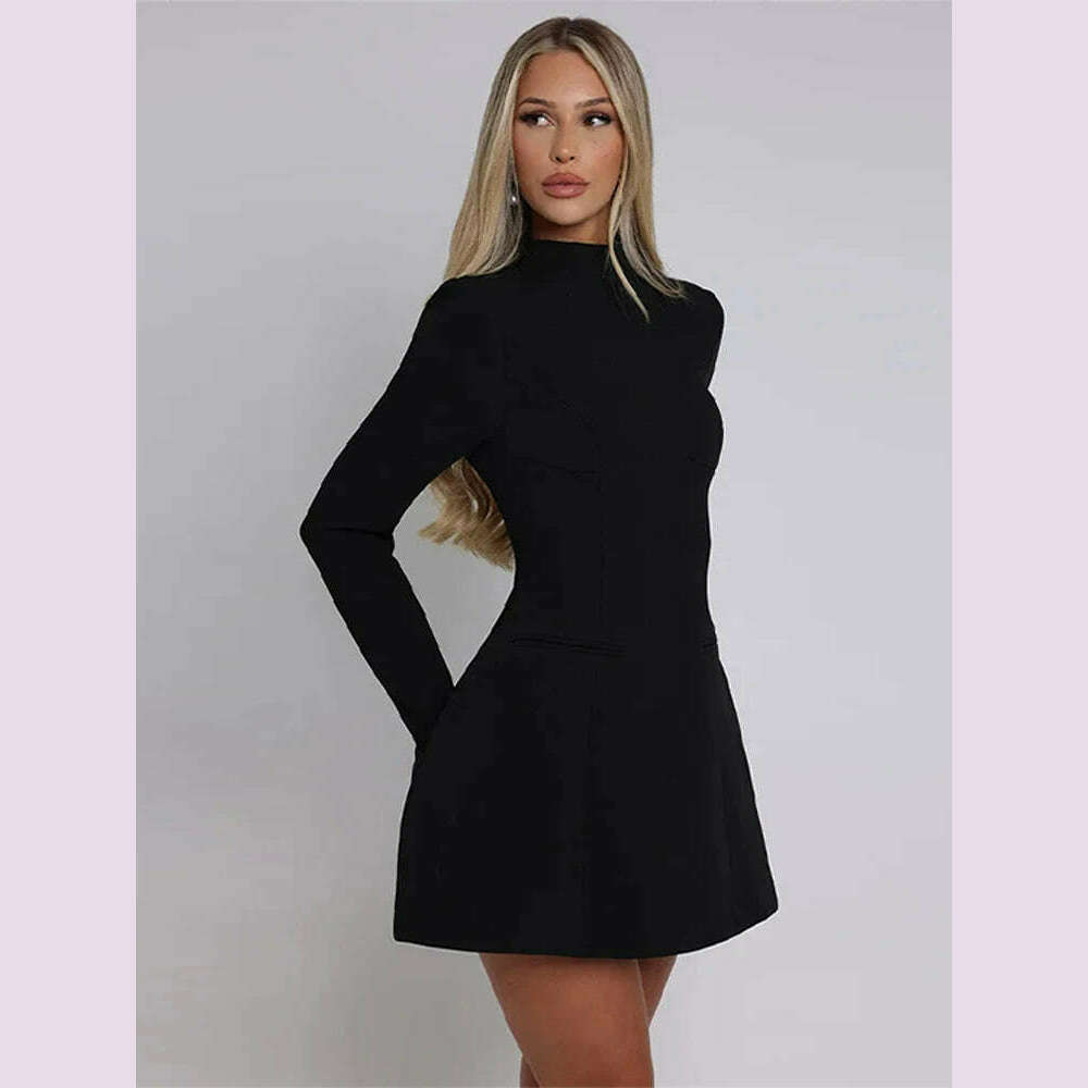 KIMLUD, Solid Backless Dress Women Elegant Half High Collar Long Sleeve High Waist Female A Line Dresses Ladies Party Club Evening Gowns, KIMLUD Womens Clothes