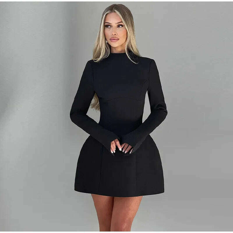 KIMLUD, Solid Backless Dress Women Elegant Half High Collar Long Sleeve High Waist Female A Line Dresses Ladies Party Club Evening Gowns, KIMLUD Womens Clothes