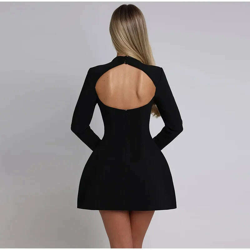 KIMLUD, Solid Backless Dress Women Elegant Half High Collar Long Sleeve High Waist Female A Line Dresses Ladies Party Club Evening Gowns, KIMLUD Womens Clothes