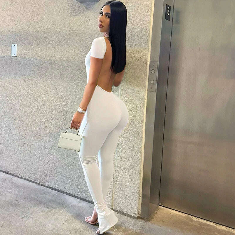 Solid Bodycon Backless Jumpsuit Sexy Summer Rompers Womens Jumpsuit Long Pants Workout Overalls Party Club One Piece Outfit - KIMLUD