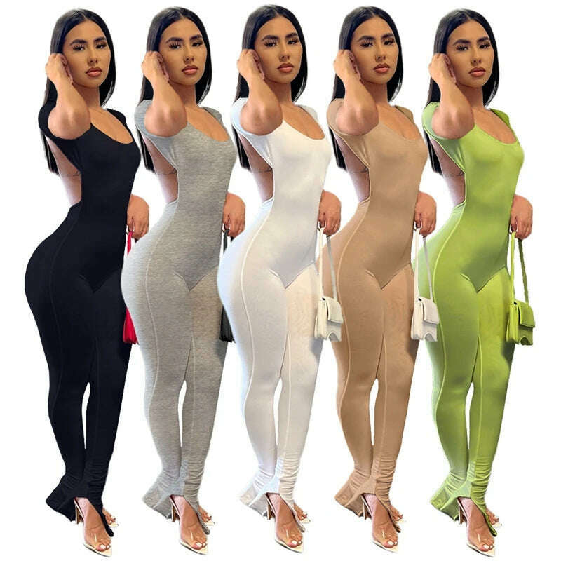 KIMLUD, Solid Bodycon Backless Jumpsuit Sexy Summer Rompers Womens Jumpsuit Long Pants Workout Overalls Party Club One Piece Outfit, KIMLUD Women's Clothes