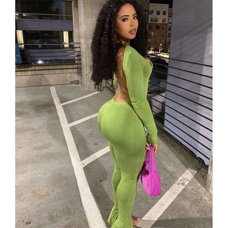 KIMLUD, Solid Bodycon Backless Jumpsuit Sexy Summer Rompers Womens Jumpsuit Long Pants Workout Overalls Party Club One Piece Outfit, LongSleeve-Green / S, KIMLUD Women's Clothes