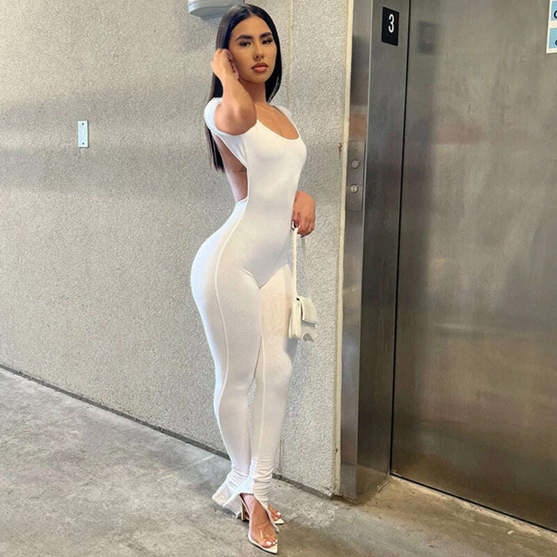 KIMLUD, Solid Bodycon Backless Jumpsuit Sexy Summer Rompers Womens Jumpsuit Long Pants Workout Overalls Party Club One Piece Outfit, WHITE / S, KIMLUD Womens Clothes