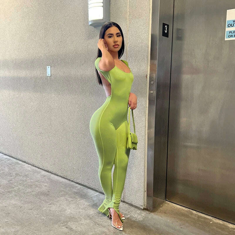 KIMLUD, Solid Bodycon Backless Jumpsuit Sexy Summer Rompers Womens Jumpsuit Long Pants Workout Overalls Party Club One Piece Outfit, green / M, KIMLUD Womens Clothes