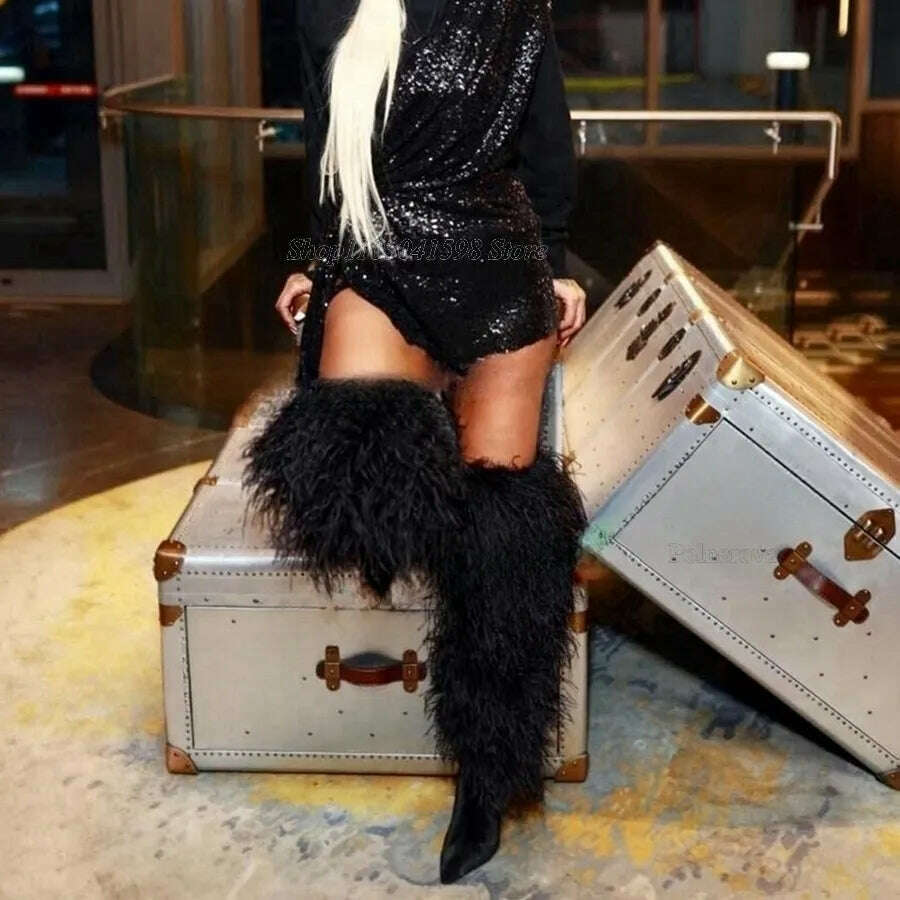 Solid Color Furry Thigh High Boots Solid Color Fine Heel Pointy Toe Boots High Heels Winter Warm New Women Boots 2023 Plus Size - KIMLUD