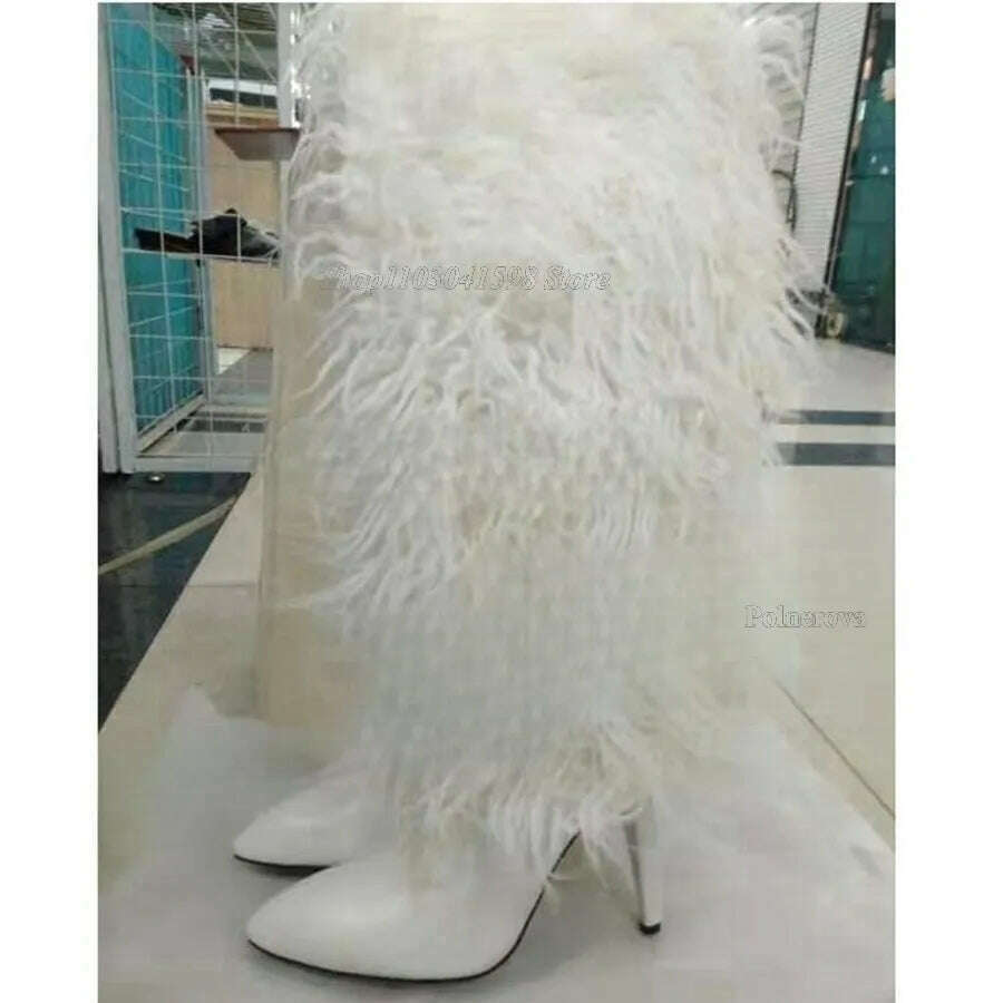 Solid Color Furry Thigh High Boots Solid Color Fine Heel Pointy Toe Boots High Heels Winter Warm New Women Boots 2023 Plus Size - KIMLUD