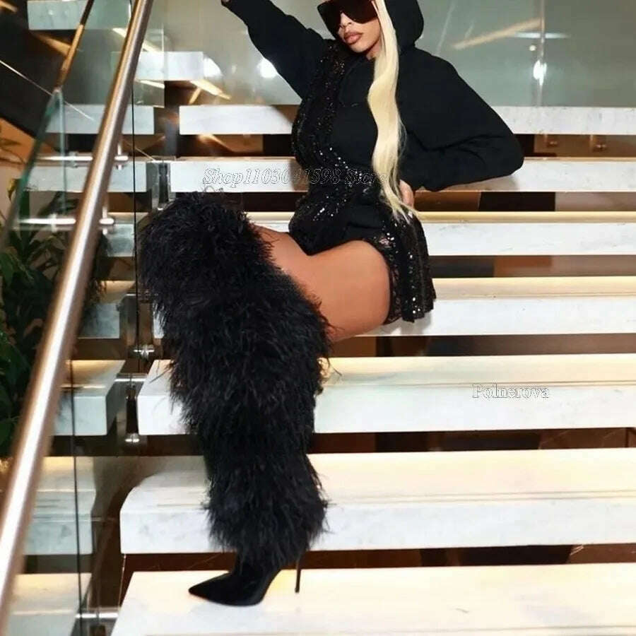 Solid Color Furry Thigh High Boots Solid Color Fine Heel Pointy Toe Boots High Heels Winter Warm New Women Boots 2023 Plus Size - KIMLUD