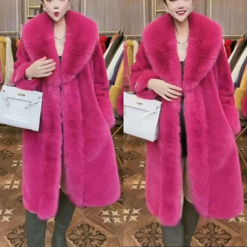KIMLUD, Solid Color Mid Length Artificial Fur Coat for Women 2023 Winter New Big Fur Collar Long Sleeve Fashion Lace Up Faux Fur Female, Dragon fruit color / S  35-40kg, KIMLUD Women's Clothes