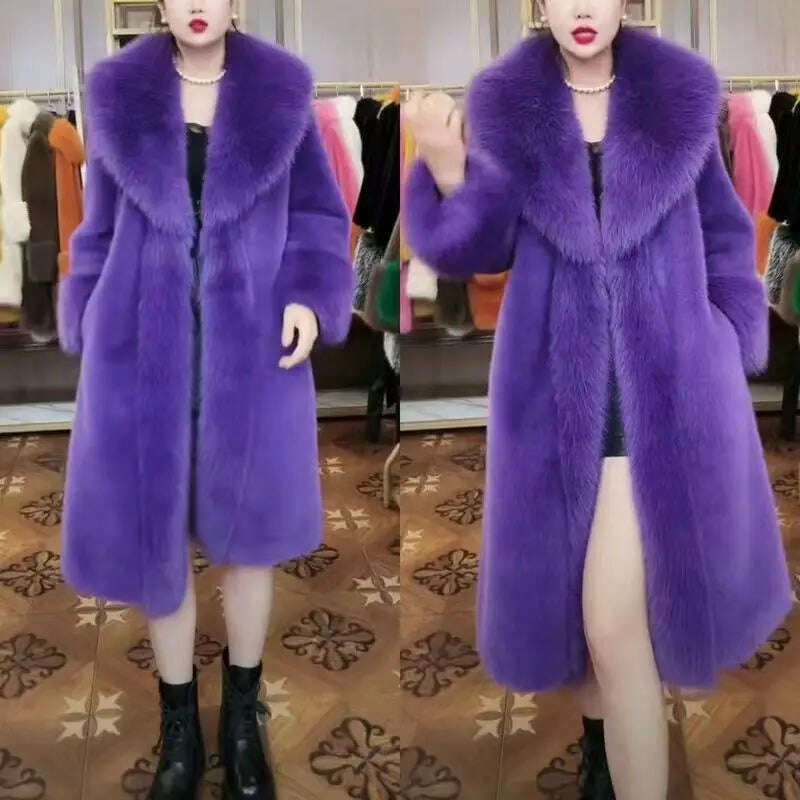 KIMLUD, Solid Color Mid Length Artificial Fur Coat for Women 2023 Winter New Big Fur Collar Long Sleeve Fashion Lace Up Faux Fur Female, purple / S  35-40kg, KIMLUD Womens Clothes