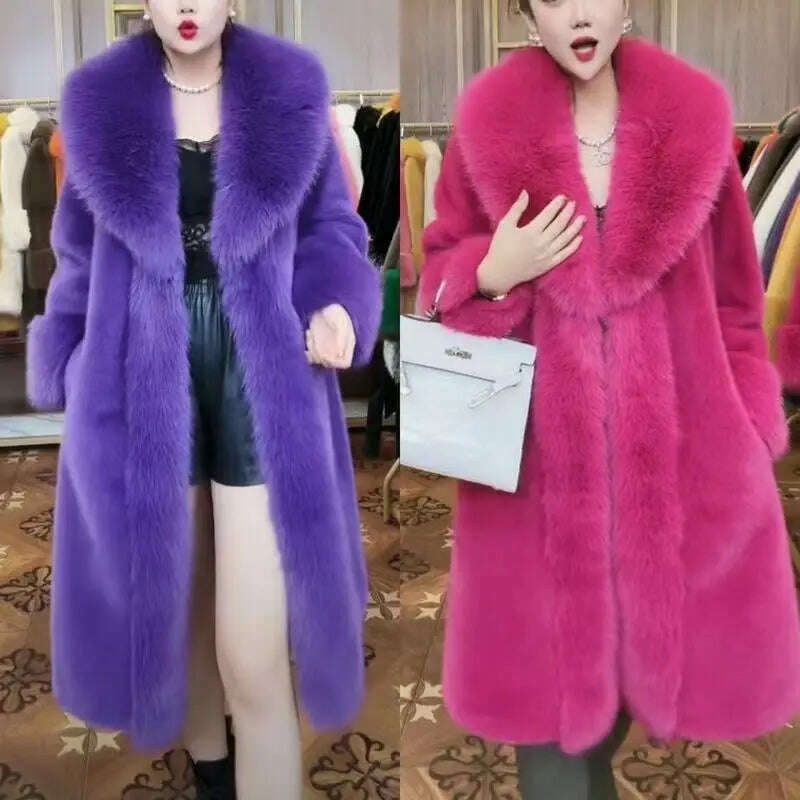 KIMLUD, Solid Color Mid Length Artificial Fur Coat for Women 2023 Winter New Big Fur Collar Long Sleeve Fashion Lace Up Faux Fur Female, KIMLUD Womens Clothes