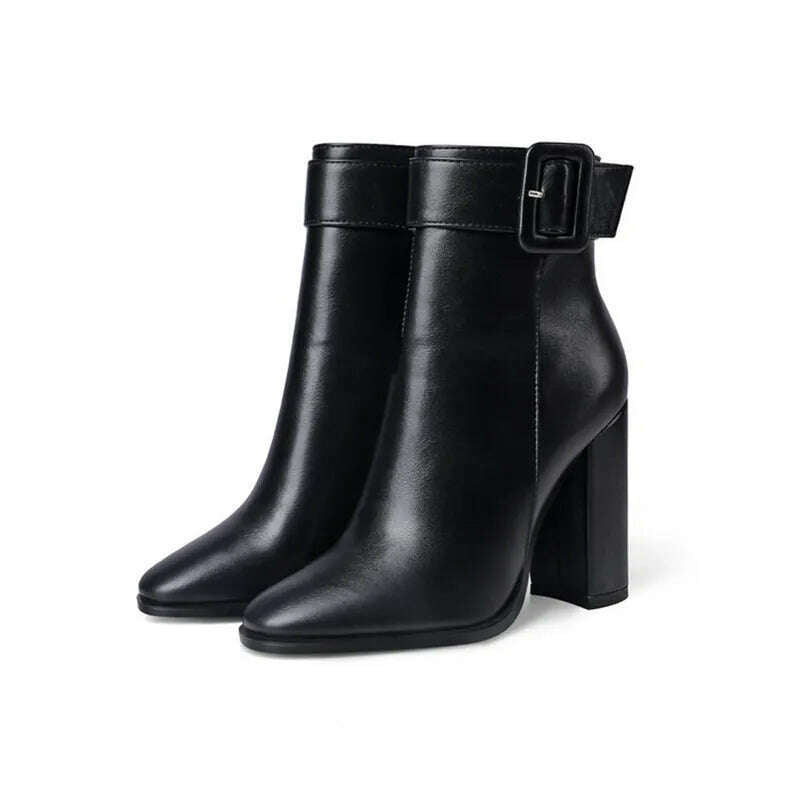 Solid Color Round Toe Thick Heels Side Zipper Women Ankle Boots Square Buckle Decoration Super High Heels Office Lady Short Boot, black / 34 / CHINA, KIMLUD Women's Clothes