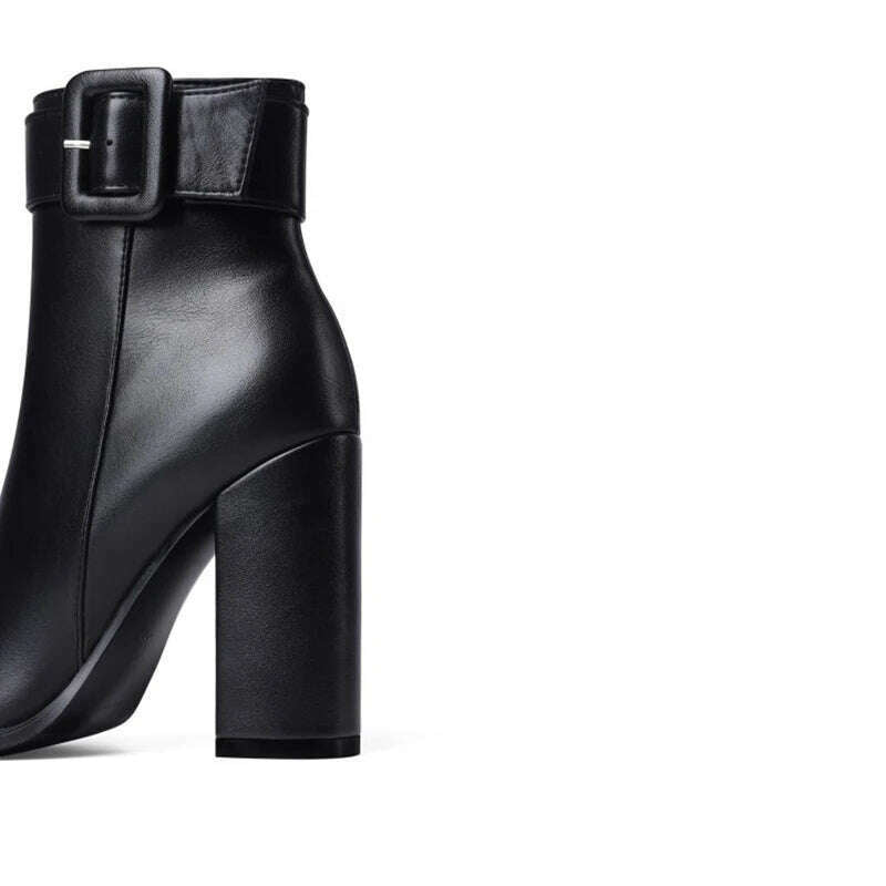 KIMLUD, Solid Color Round Toe Thick Heels Side Zipper Women Ankle Boots Square Buckle Decoration Super High Heels Office Lady Short Boot, KIMLUD Womens Clothes
