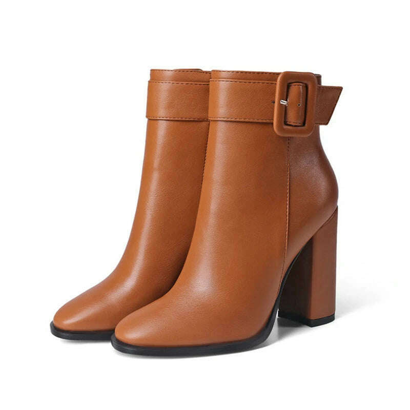 KIMLUD, Solid Color Round Toe Thick Heels Side Zipper Women Ankle Boots Square Buckle Decoration Super High Heels Office Lady Short Boot, Orange / 34 / CHINA, KIMLUD APPAREL - Womens Clothes