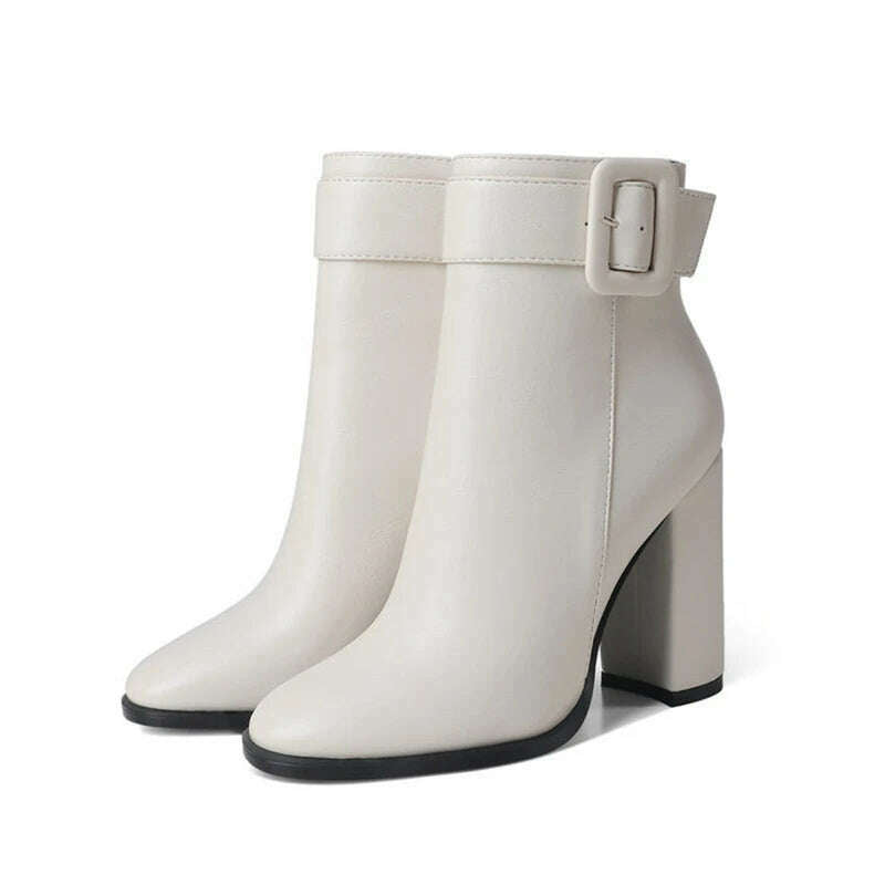KIMLUD, Solid Color Round Toe Thick Heels Side Zipper Women Ankle Boots Square Buckle Decoration Super High Heels Office Lady Short Boot, WHITE / 34 / CHINA, KIMLUD APPAREL - Womens Clothes
